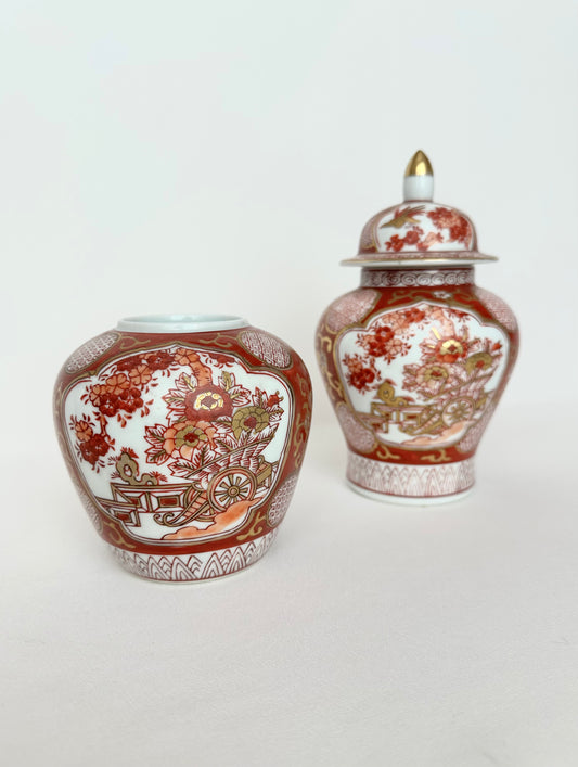vintage small chinoiserie vase and lidded ginger jar set