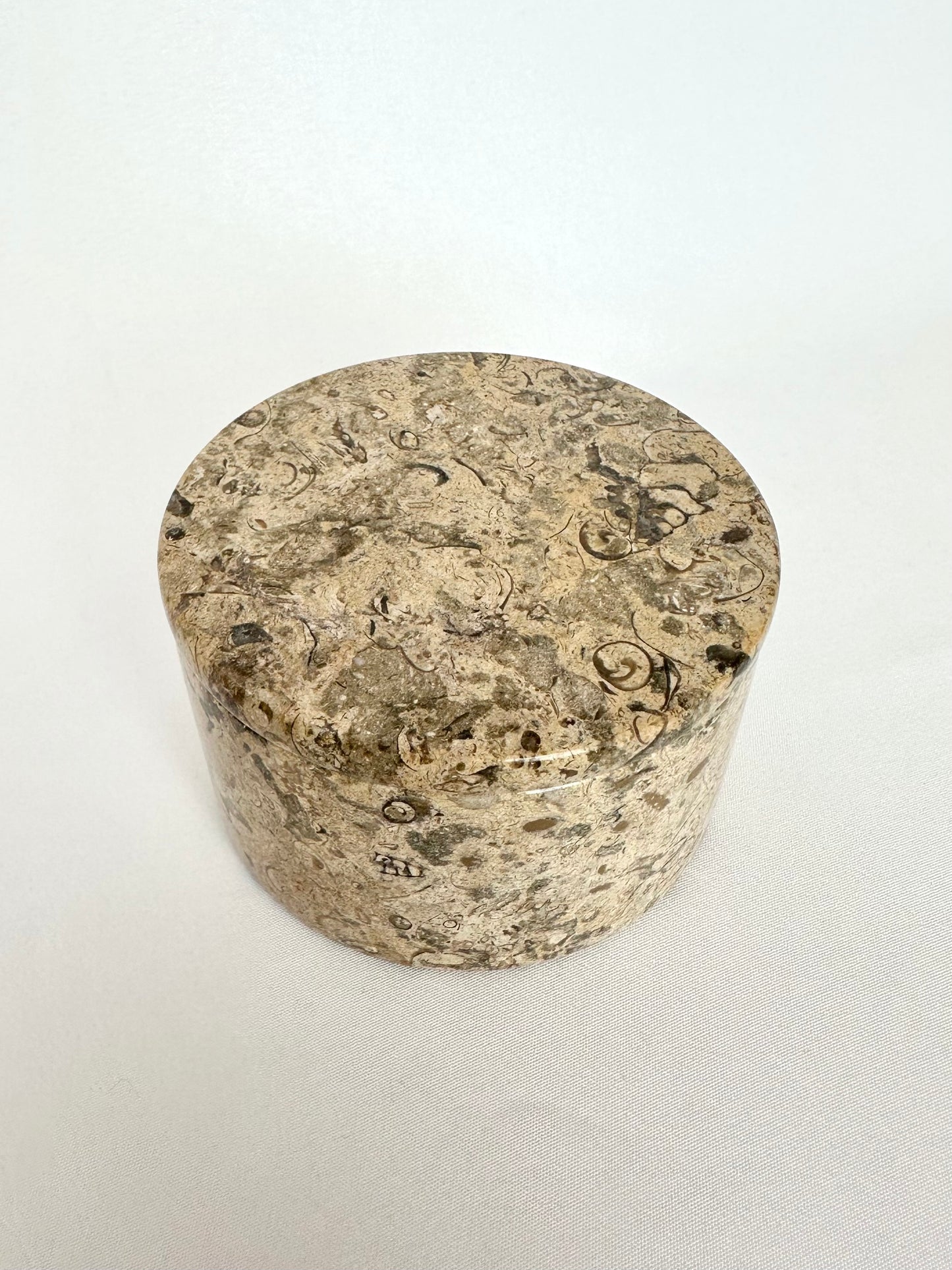 vintage small round coral stone lidded trinket box