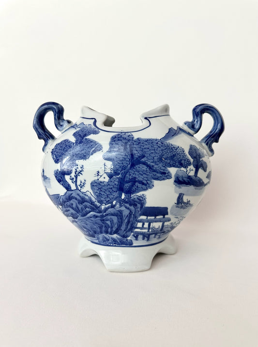vintage blue and white chinoiserie vase with landscape design  and sculptural handles