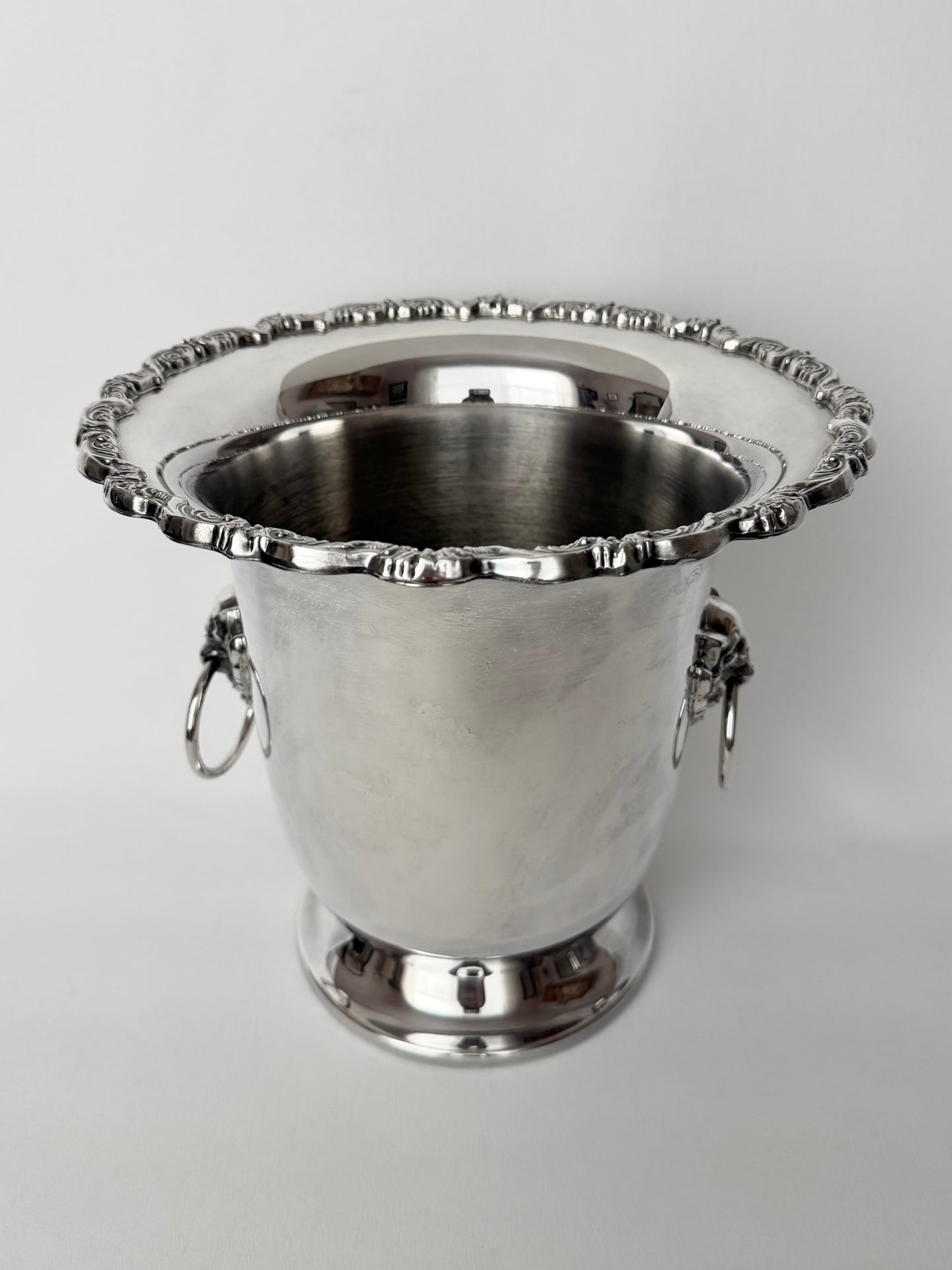 vintage silverplate champagne bucket with lion head handles