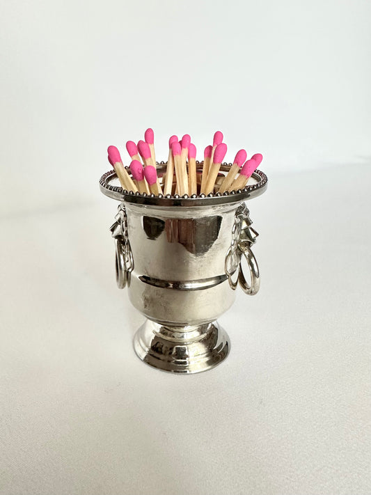 Vintage silver mini urn matchstick holder with hot pink matchstick bundle