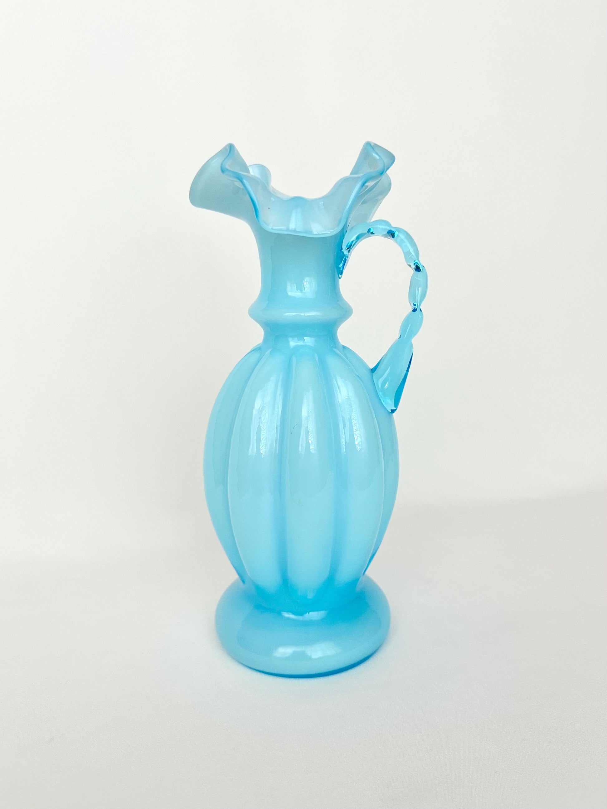 Vintage turquoise ruffle top melon shaped vase or pitcher by Fenton 