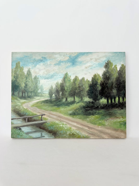 vintage original acrylic unframed canvas painting featuring a stream, dirt path and wooded landscape; 16 x 12