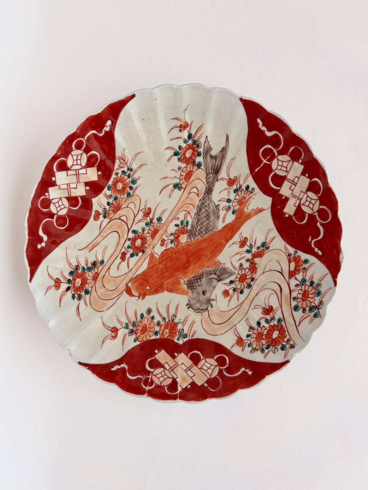 antique chinoiserie Koi fish decorative platter with scalloped rim