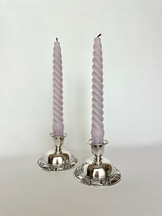 vintage silverplate short embossed candlestick holders set of two
