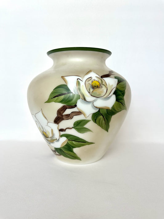 vintage large hand painted glass ginger jar style vase with magnolias