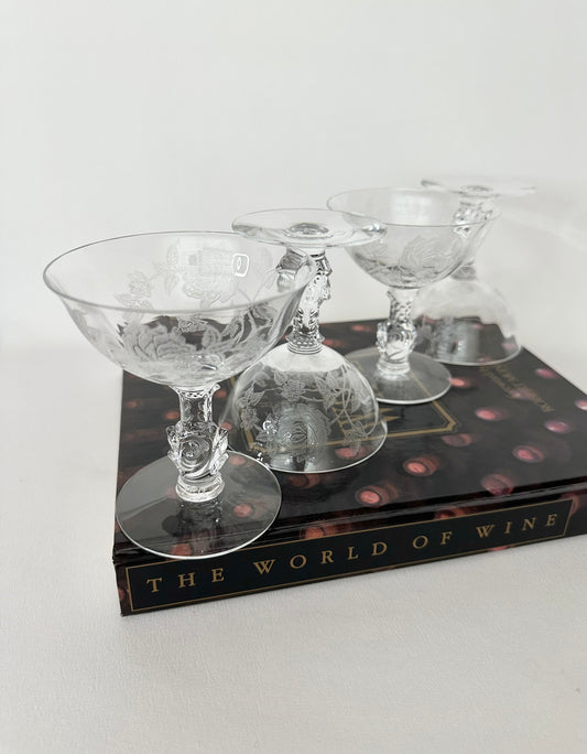 Vintage crystal rose stemmed and etched coupes set of four.