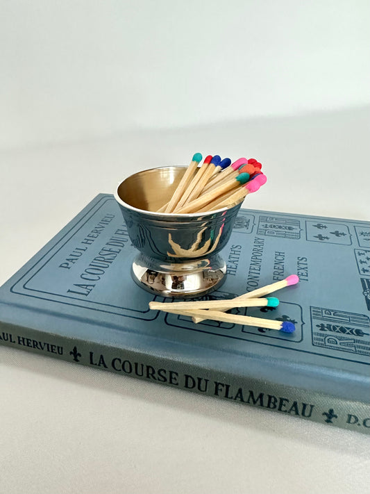 Tiny vintage silver revere bowl matchstick holder with multi colored matchstick bundle