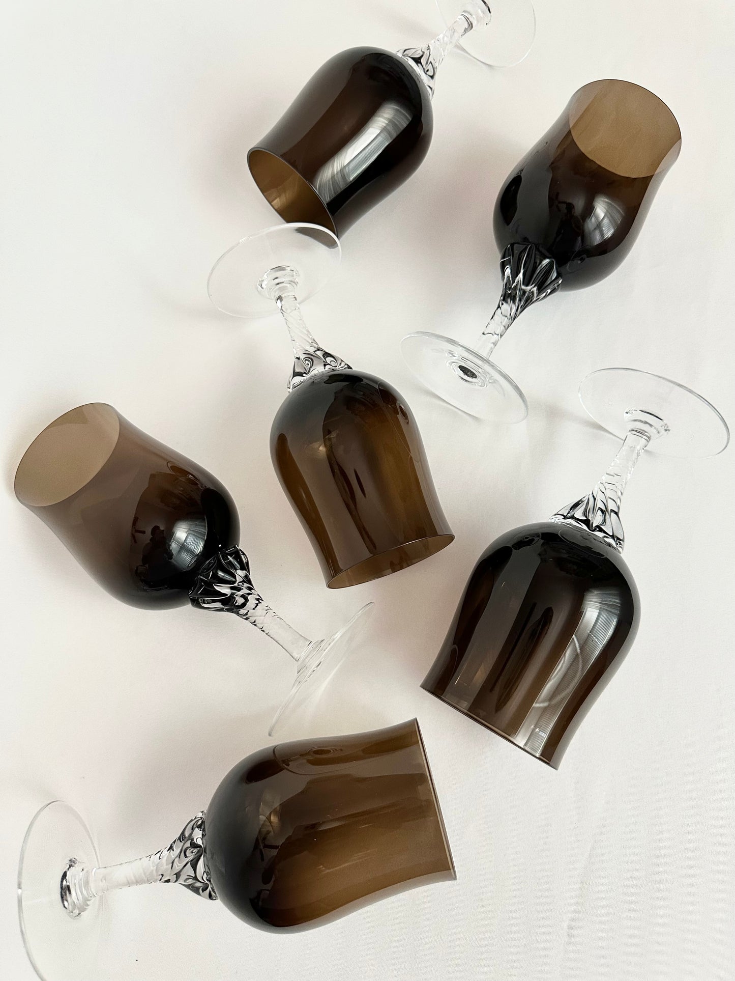 Vintage deep brown petite wine glasses set of six with a clear swirl stem.