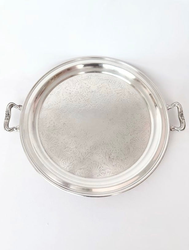 vintage round etched silver plate serving tray with handles and patina